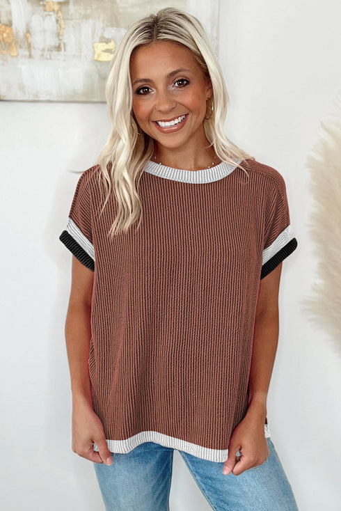 Retro Vibe Contrast Trim Corded Knit Short Sleeve Top